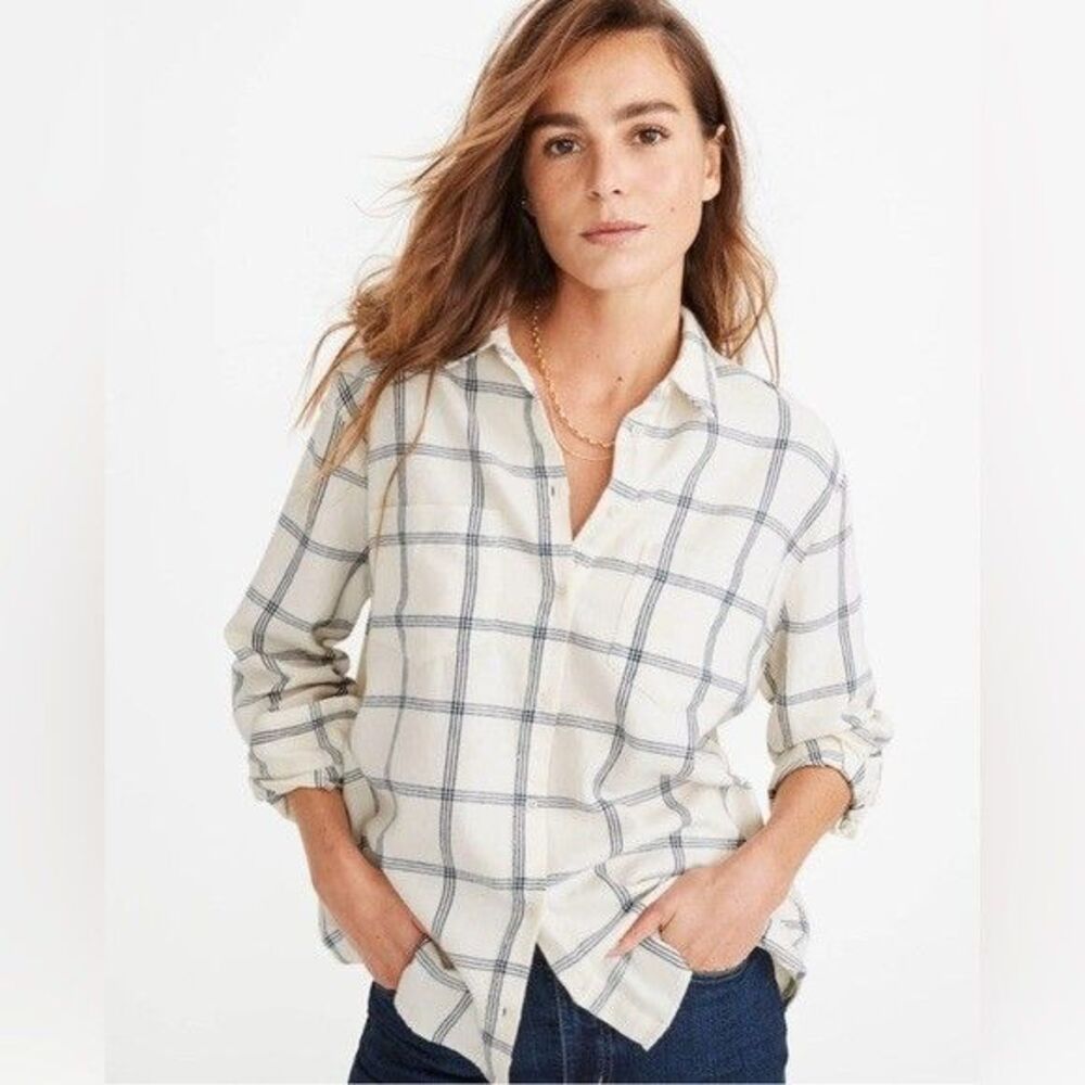Madewell MB985 Sunday Flannel Ivory  Windowpane Button Down Shirt Sz M
